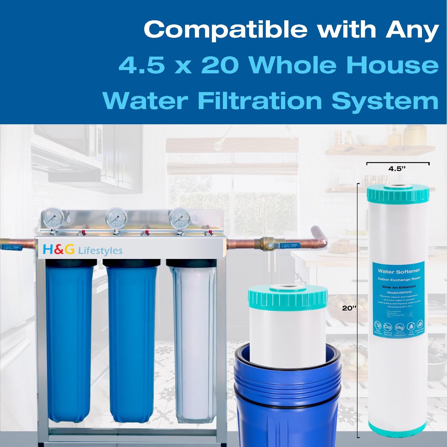 H&G Lifestyles 20 x 4.5 Whole House Water Softener Filter, Ion Exchange Filter,Remove Calcium Magnesium,Prevent Scale Build-up,Compatible with ECP20-20BB, AP810-2, SPC-45-2020, R30-20BB