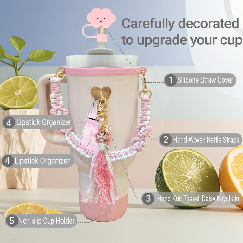 Stanley Cup Accessories 8pcs Set Including Water Bottle Handle Strap,Silicone Cup Boot, Straw Cover,Stanley Charms for 30oz/40oz Tumbler (Pink)