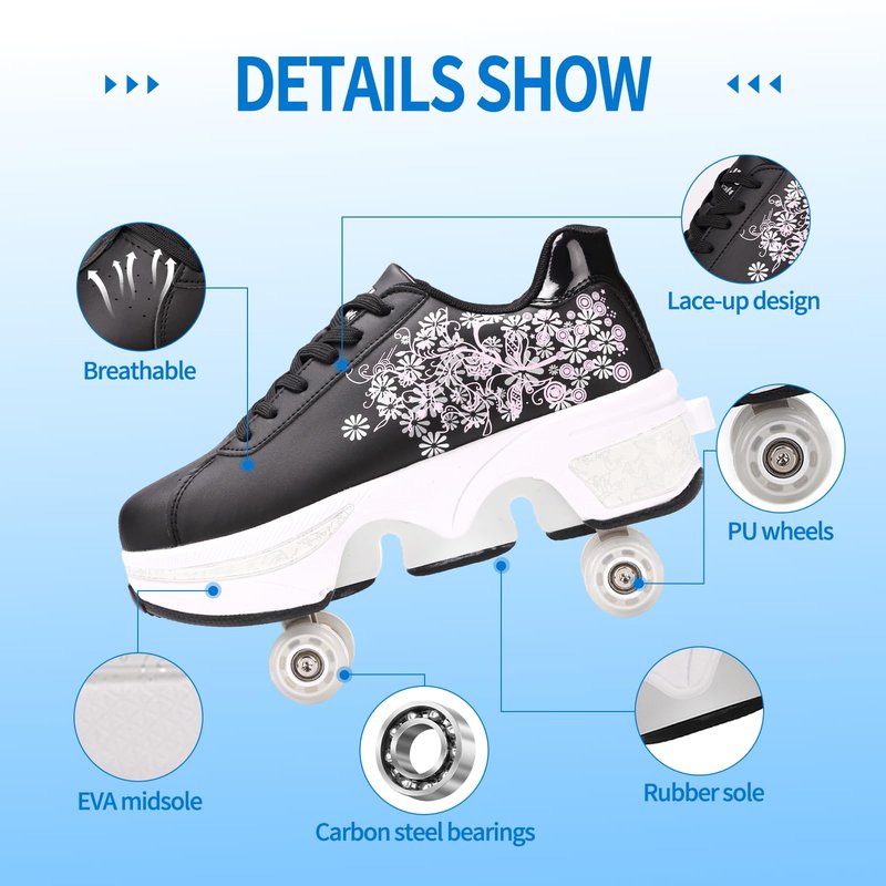 Roller Skate Shoes for Girls, Kids, Women, Men,Double-Row Skating Shoes,Retractable Wheels Sneakers,Adjustable Parkour Roller Skates,Deformation Sneakers Outdoor (Hhua, 9 Women/8 Men)
