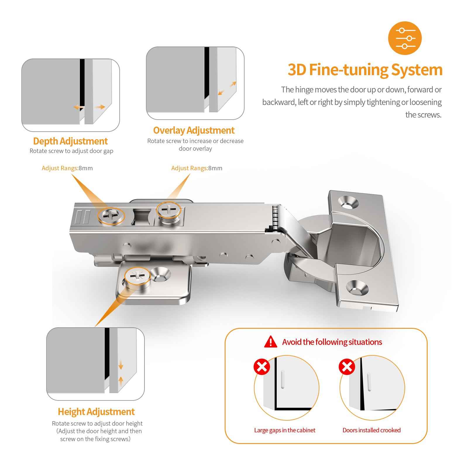 Chibery 60 Pack Frameless Full Overlay Soft Close Concealed Hinges, Satin Nickel, Self Closing, 105° Open Angle 3D Adjustment, Stop 85 ＆ 105 Degrees, Clip On, Stainless Steel for Cabinet Door