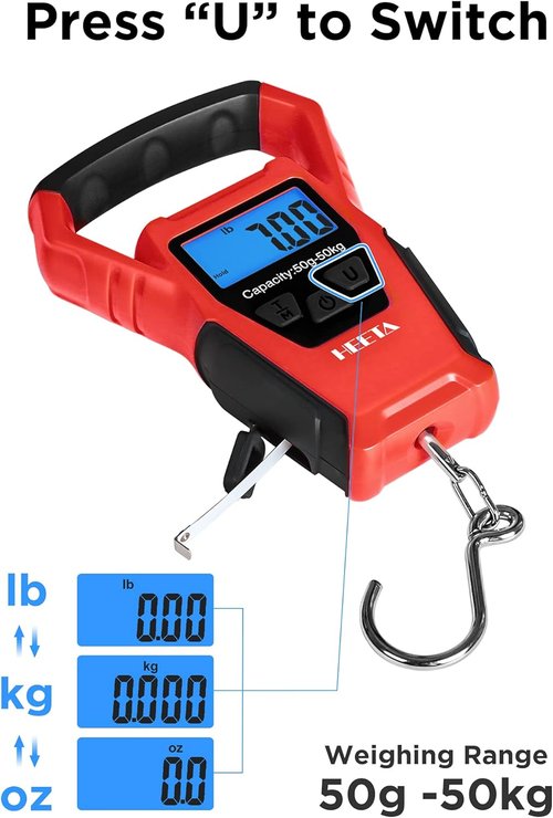 HEETA Waterproof Fish Scale - Digital Backlit LCD Display, 110lb Capacity | Portable Fishing Scale with Tape & Batteries