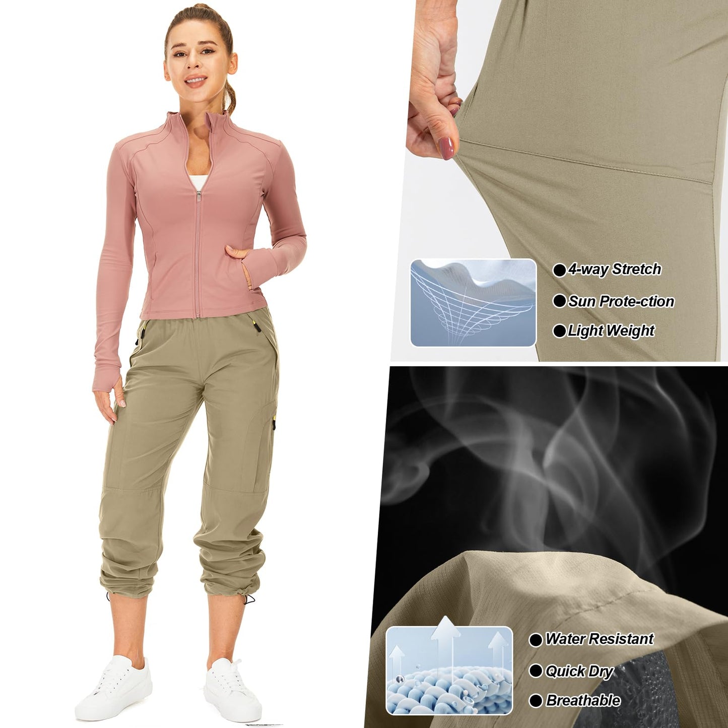Womens Hiking Pants Sun Protection Quick Dry UPF 50 Lightweight Travel Golf Cargo Safari Pants Zipper Pockets,6608,Khaki,Tall XX-L