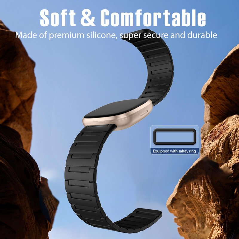 Ouwegaga Compatible with Fitbit Versa 4 Bands/Sense/Sense 2/Versa 3 Bands for Men Women, Soft Sport Silicone Magnetic Adjustable Loop Replacement Strap Compatible with Fitbit Smartwatch, Black