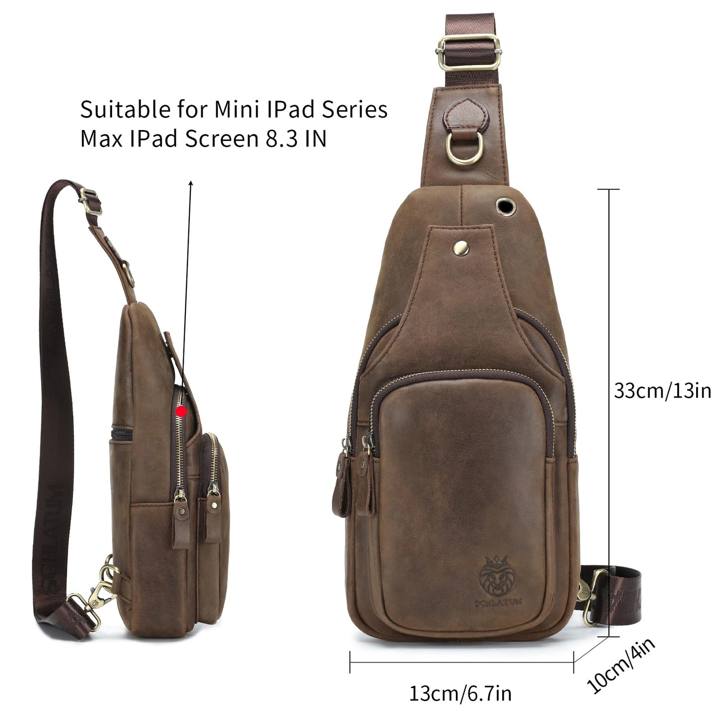 SCHLATUM Mens Sling Bag Genuine Leather Crossbody Bags for Men Small Sling Chest Backpack Casual Man Bag Hiking Outdoor, Coffee