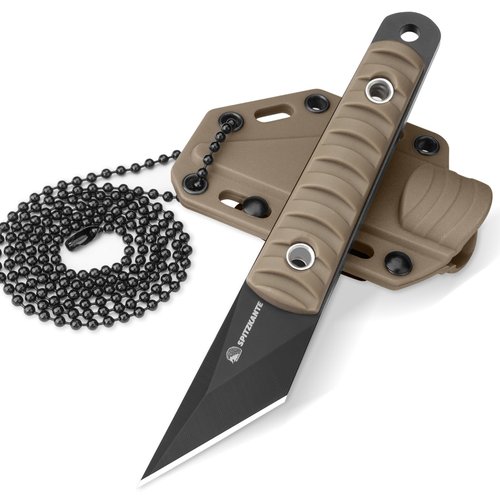 SPITZKANTE 5.79" Mini Neck Knife, Kiridashi Style Full Tang Fixed Blade EDC Knife with Khaki ABS Handle, 5Cr14MoV Steel, Sheath and Necklace, Outdoor Camping Hiking Fishing Survival Everyday Carry