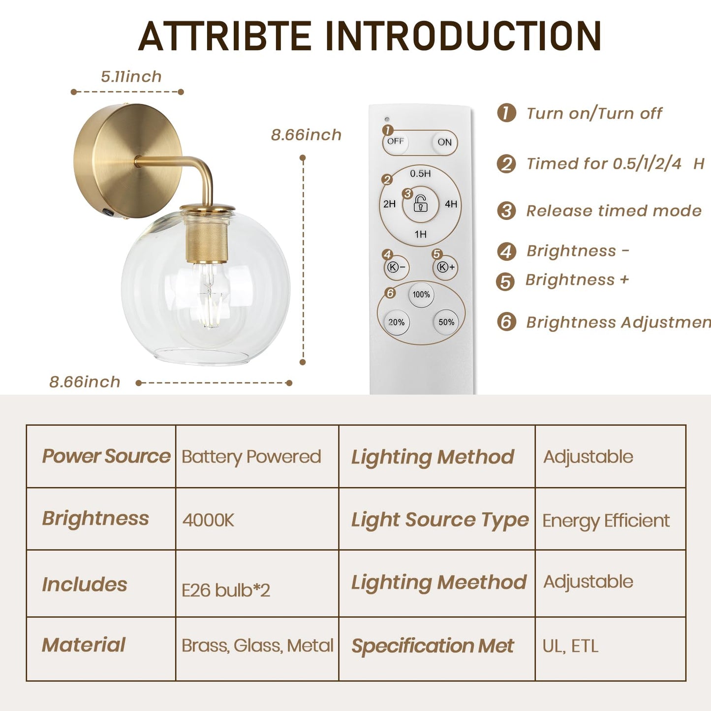 EIDEARAY Gold Vanity Wall Sconces Set of 2, Battery Operated Wall Sconces with Remote, Vintage Gold Wall Lamp with Clear Glass Shade, Industrial Metal Wall Mount Light for Bedroom, Hallway etc