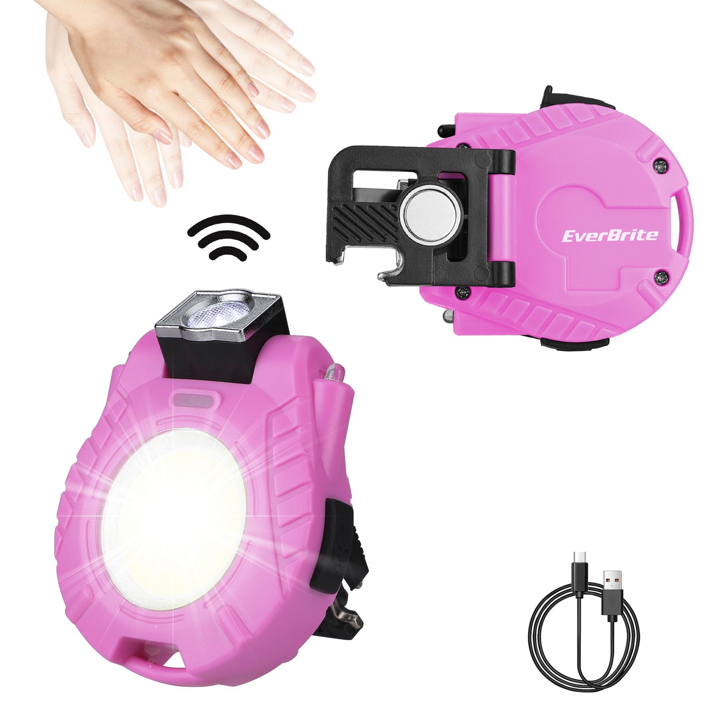 EverBrite Keychain Work Light, Hat Clip Light, Mini Rechargeable Magnetic Keychain Light with Sensor Mode, Versatile Small Keychain Flashlights, Portable, Waterproof for Camping, Hiking, 6 Modes, Pink