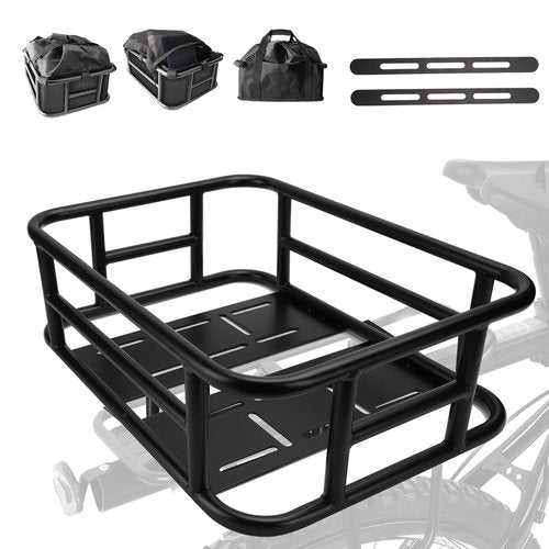 Bike Basket Rear, Bicycle Basket with Liner,Waterproof Cover,Cargo Net, Large Bike Back Baskets, Heavy Duty Rear Bicycle Baskets for Most Bikes and E-Bike (Pipe Bike Basket Rear) (16.5"X12.6"X6")