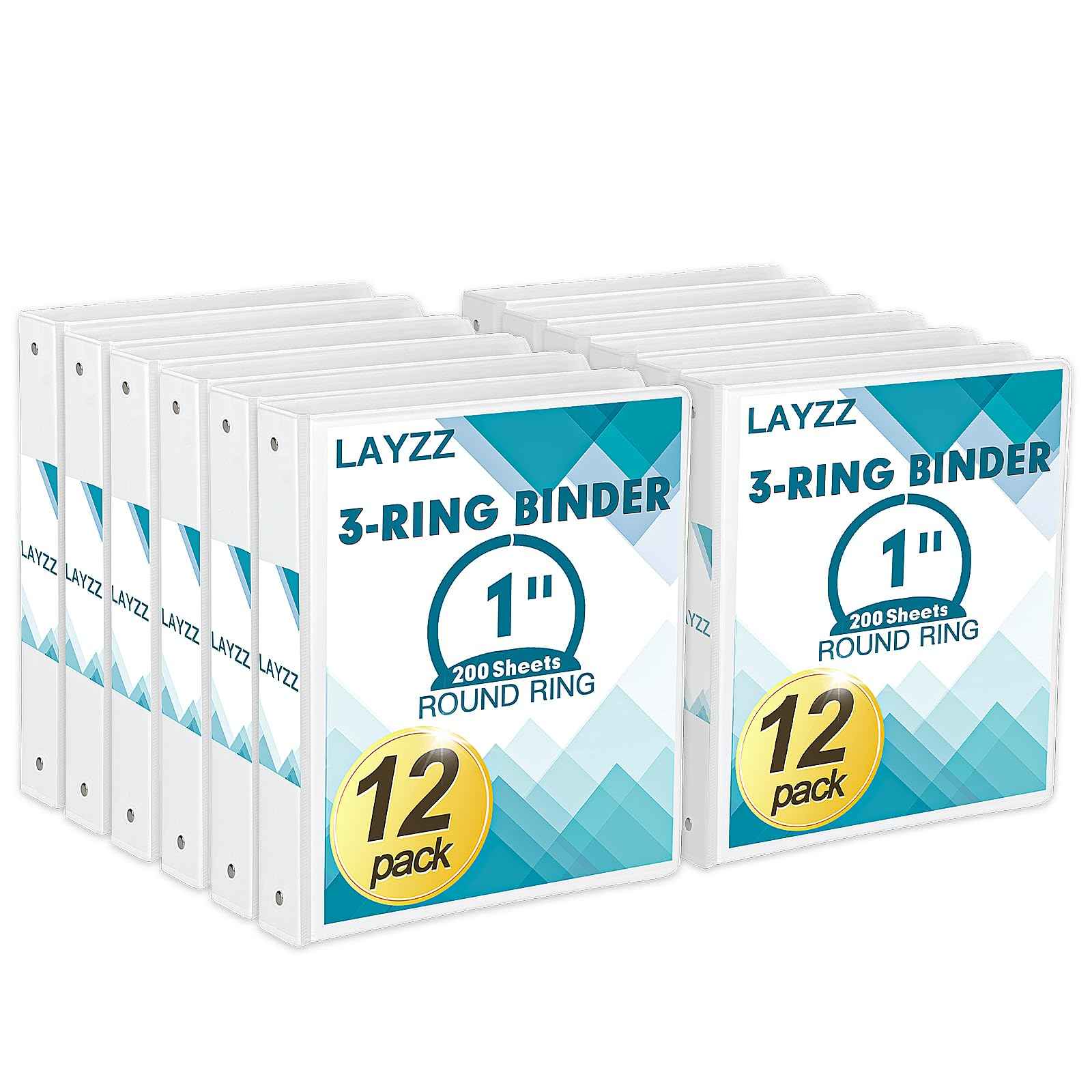3 Ring Binder, LAYZZ 12 Pack 1 Inch Binders 3 Ring with 2 Pockets, Round Ring Binders, Clear Cover Binders for Letter Size 8.5"x11" Paper, PVC Free, Suitable for School Home and Office (White)