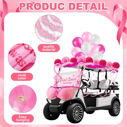 Soulchen 67 Pcs Breast Cancer Awareness Golf Cart Decoration Breast Cancer Pink Ribbon Flag Banner Balloon Swirls Tablecloth Fur Strips Trim Paper Flower for Golf Cart Party (Ribbon Pattern Banner)