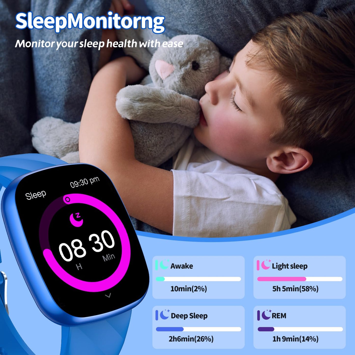 AYATAHA Kids Watch, Digital Watch for Boys Girls, IP67 Waterproof Games Fitness Tracker with 20+ Sport Modes, Sleep Monitor, Music, Games, Great Sports Watches Gift for Teens Kids (Blue)