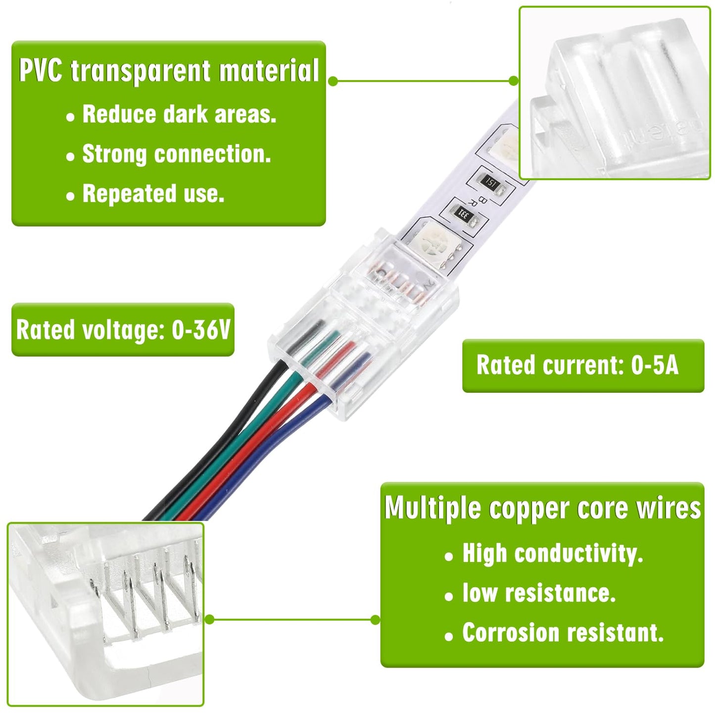 EPLZON 4 Pin 8 mm LED Strip Connector - RGB Lights Adapter (20pcs)