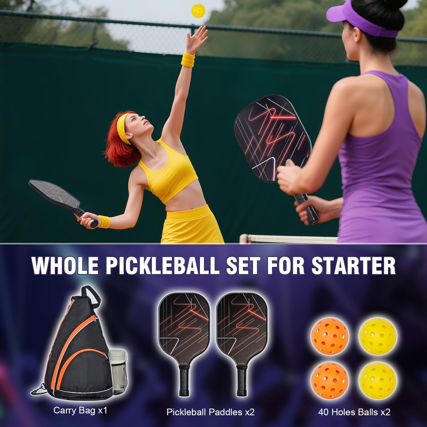 Pickleball Paddles Set of 2 with 4 Indoor/Outdoor Balls & Backpack - Lightweight Fiberglass Surface, Polypropylene Honeycomb Core for Enhanced Control and Power
