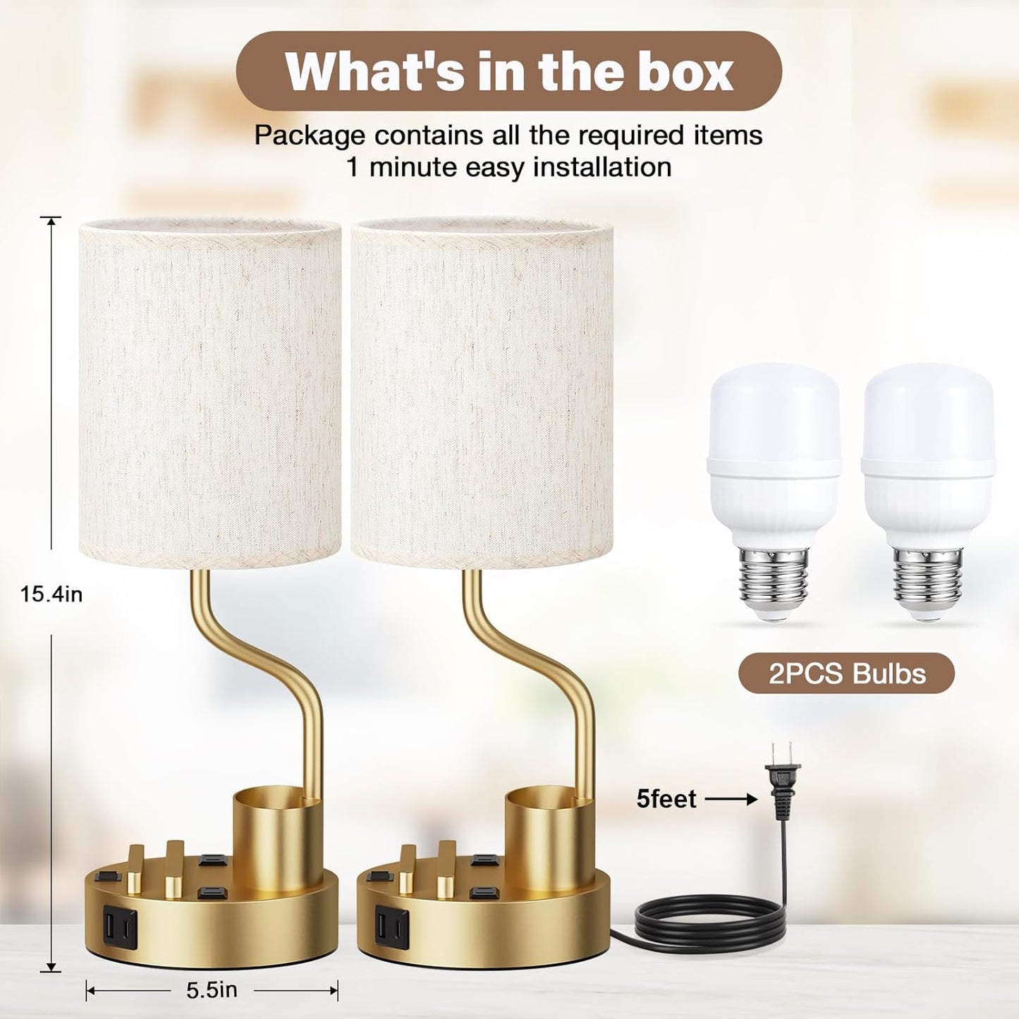 Set of 2 Bedside Table Lamps with USB & AC Outlet - 3 Color Temperatures, Desk Light & Phone Stand for Bedroom, Living Room, Office