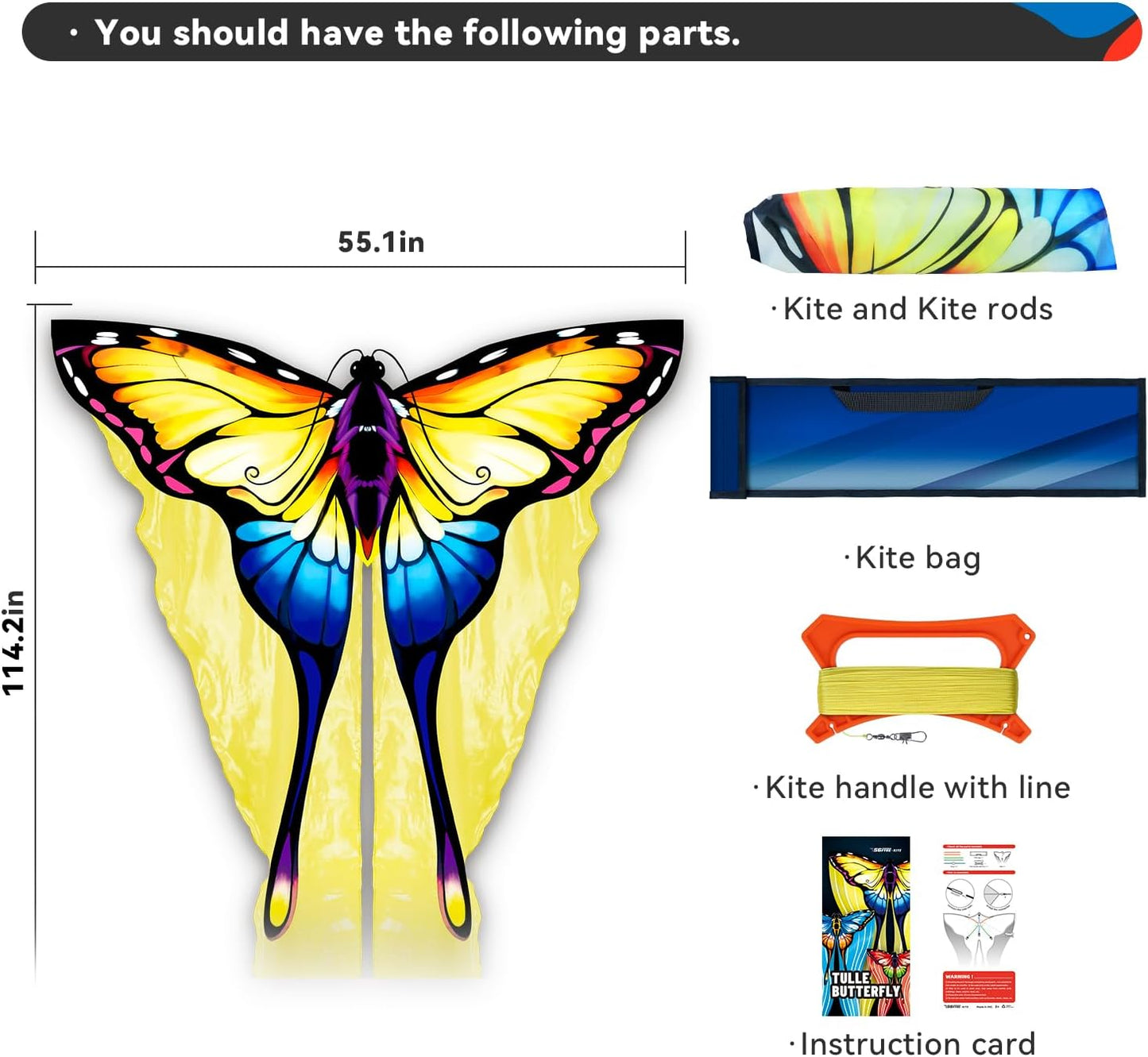SGftre Yellow Tulle Butterfly Kite - Easy to Fly for Kids & Adults | Perfect for Beach Trips & Outdoor Fun