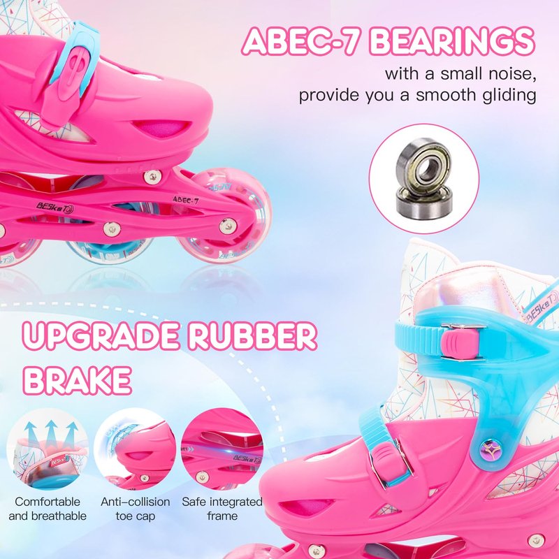 Besketo Light up Inline Skates for Girls, 4 Size Adjustable Roller Shoes with Full Illuminating Wheels for Kids, Hard Shell Roller Skates for Beginner Children Youth & Adult Women - S J9-J12 US