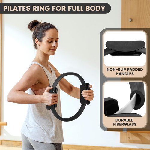 Pilates Essentials Kit for Home Workouts Women, Black Pilates Equipment Set with 9 Inch Yoga Ball, Pilates Slider, Resistance Band, yoga straps for stretching, Pilates Ring and Ball Set for Beginners