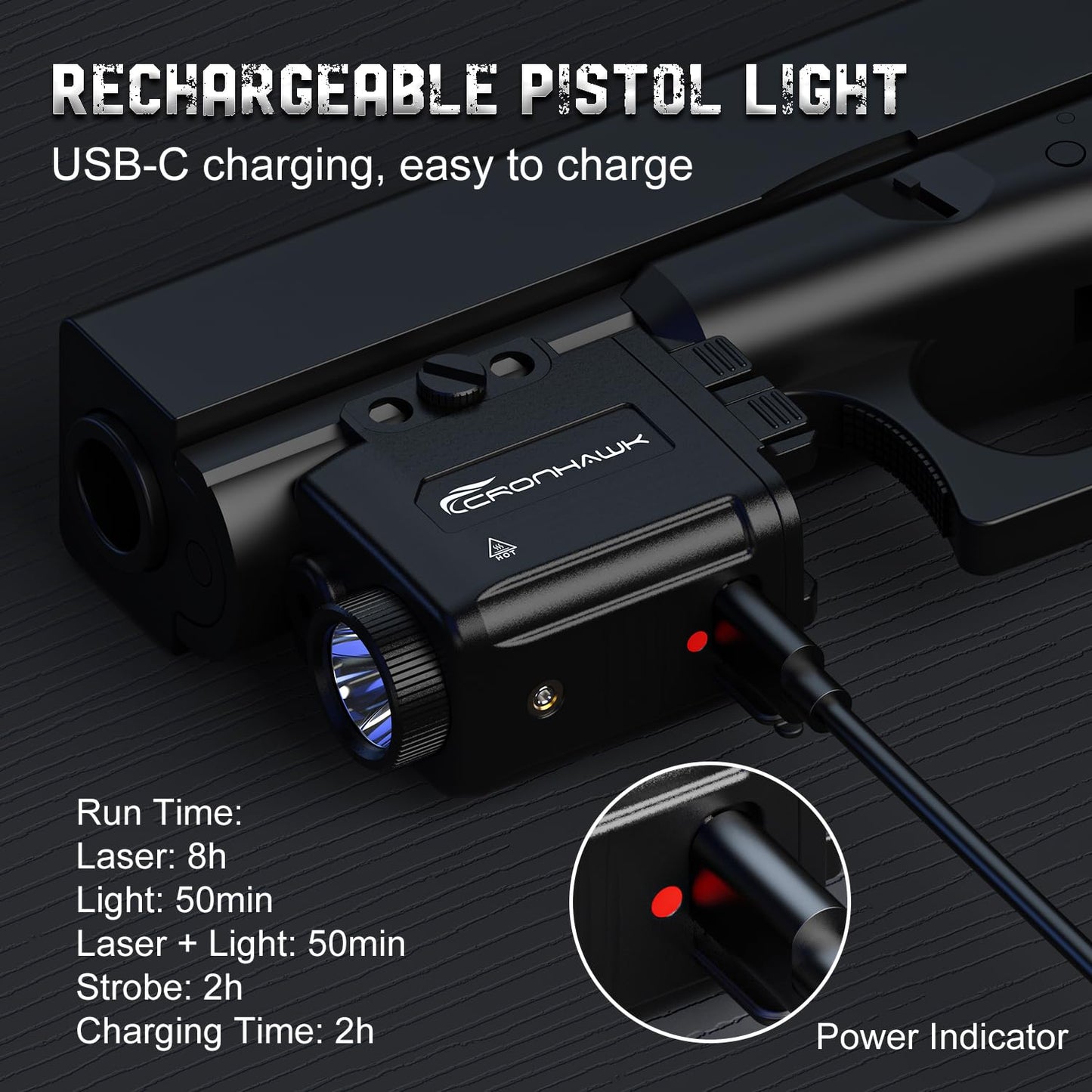 CRONHAWK Pistol Light Green Laser Combo Rechargeable, 700 Lumen Green Beam Flashlight for Picatinny 1913 Rail Mounted Light with Strobe, USB-C Charging