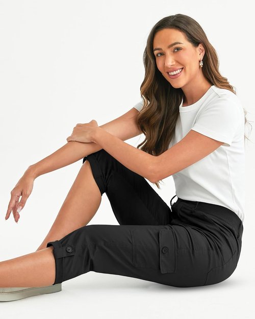 GRAPENT Cargo Capri Pants - High Waisted Relaxed Fit Casual Cropped Trousers for Women