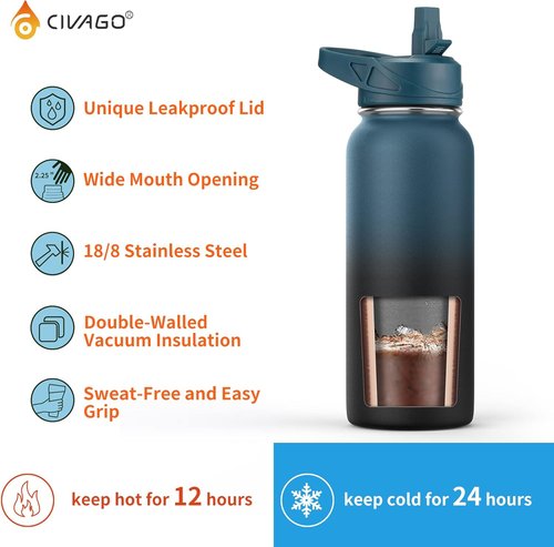 CIVAGO 32 oz Insulated Water Bottle - Stainless Steel Sports Flask with 3 Lids | Dark Rainbow