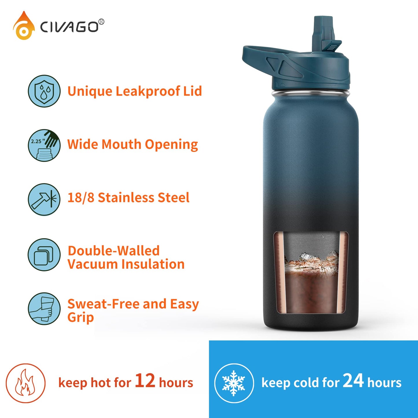 CIVAGO 24 oz Insulated Water Bottle With Straw, Stainless Steel Sports Water Flask Cup with 3 Lids (Straw, Spout and Handle Lid), Double Walled Travel Thermal Canteen Mug, Army Green