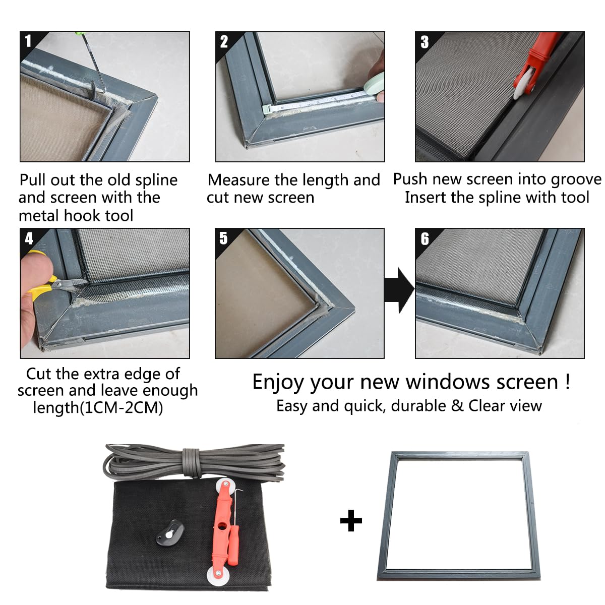 New Window Screen Replacement,48"x118" Screen Repair Kit for Window, Charcoal Fiberglass Mesh with Rolling Tool/Hook/Ruler/Cutter/Spline,Sliding Screen Door Replacement for Window & Patio Doors