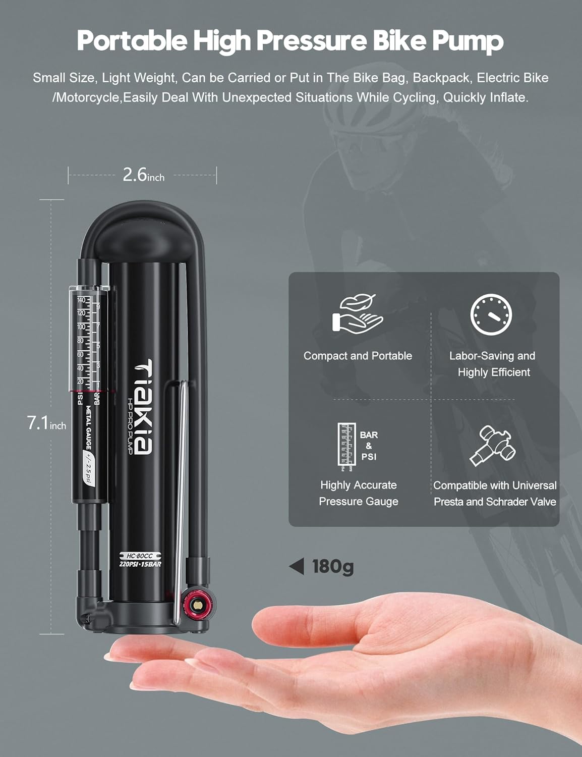 Tiakia High Pressure Bike Pump - Portable Hand Air Pump with Gauge for Presta & Schrader Valves | Aluminum Design