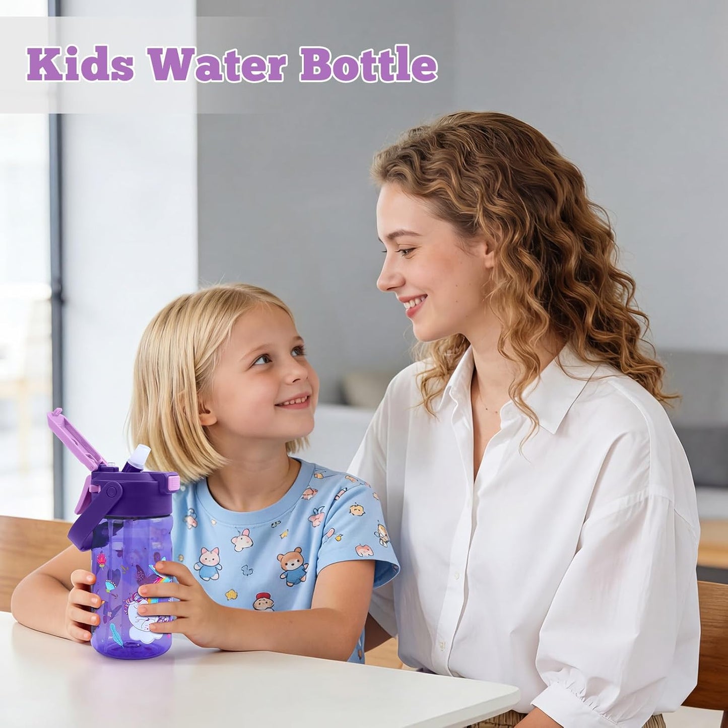 Skiennix 20oz Kids Water Bottle - Leak-Proof Design with Straw & Pop-Up Spout | Unicorn Theme