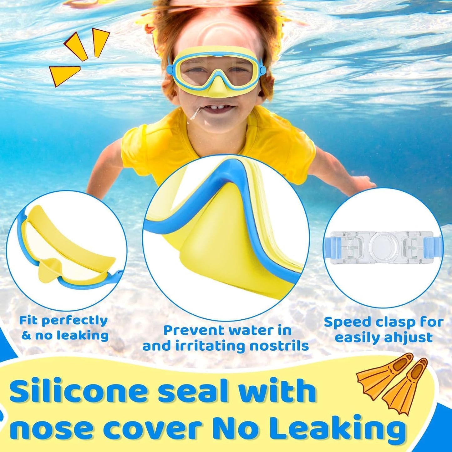 Vvinca Kids Swim Goggles - Anti-Fog Diving Mask with Nose Cover | Wide View, UV Protection for Ages 3-5