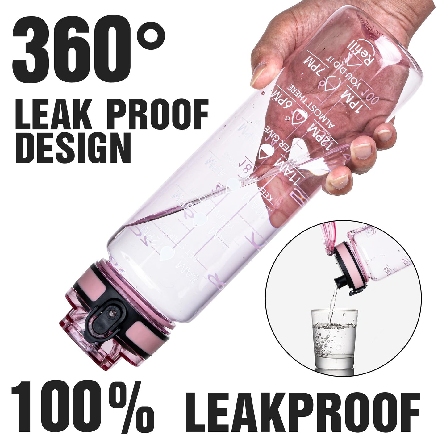 OLDLEY Water Bottle, 32oz Motivational Sports Water Bottle with Time Marker - Times to Drink - Tritan, BPA Free, Wide Mouth Leakproof, Anniversary Birthday Gifts for Men Women, Clear Pink