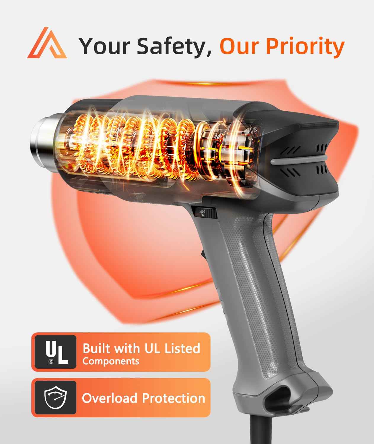 AreoHeat Heat Gun with 6 Precise Temperature Settings 100-600°C (212-1112°F) Fast Heating Hot Air Gun with 2 Settings Control, Speed-Up Cooling, Compact & Lightweight Design