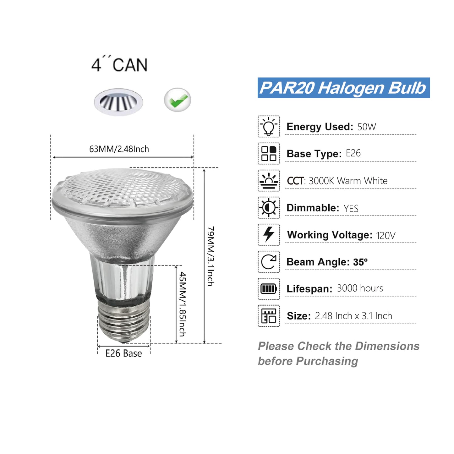 LuxGallerri PAR20 Halogen Light Bulbs 3 Pack 120V 50w Dimmable, E26 Medium Base Flood Light Bulbs with 3000k Warm White,High Output Reflector for Kitchen Stove Hood and Range Hood Light Bulb.