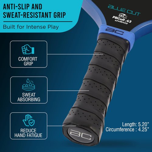 Blue Cut Pickleball Paddle – USAPA Approved Pickleball Paddles Racket with T700 Carbon Fiber, 16mm Honeycomb Core, Spin Surface, Pro Power Speed & Control – Includes Carry Bag