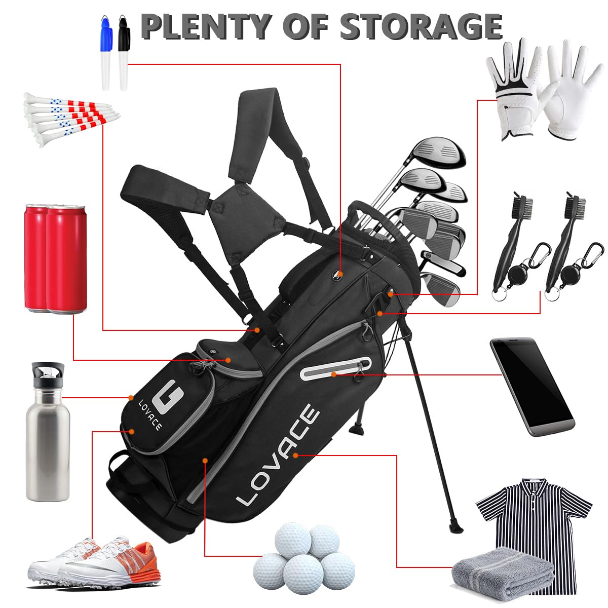 LOVACE 14-Way Golf Stand Bag, Lightweight Golf Bag with Stand for Men and Women (Black)