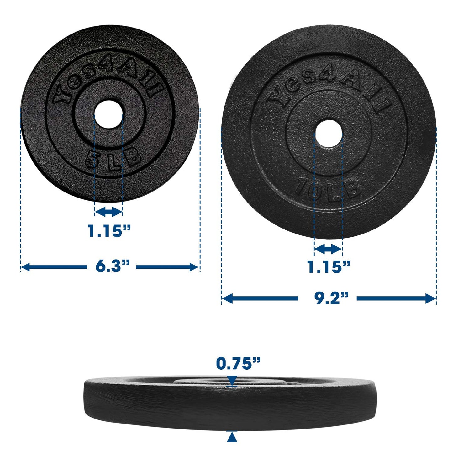 Yes4All Cast Iron Weight Plates, 1.15 Inch Standard Weight Plate Set of 4 & 8, Fits Dumbbell Handles for Strength Training, Weightlifting & Home Gym Workout - 2x5 + 2x10lb (Set of 4)