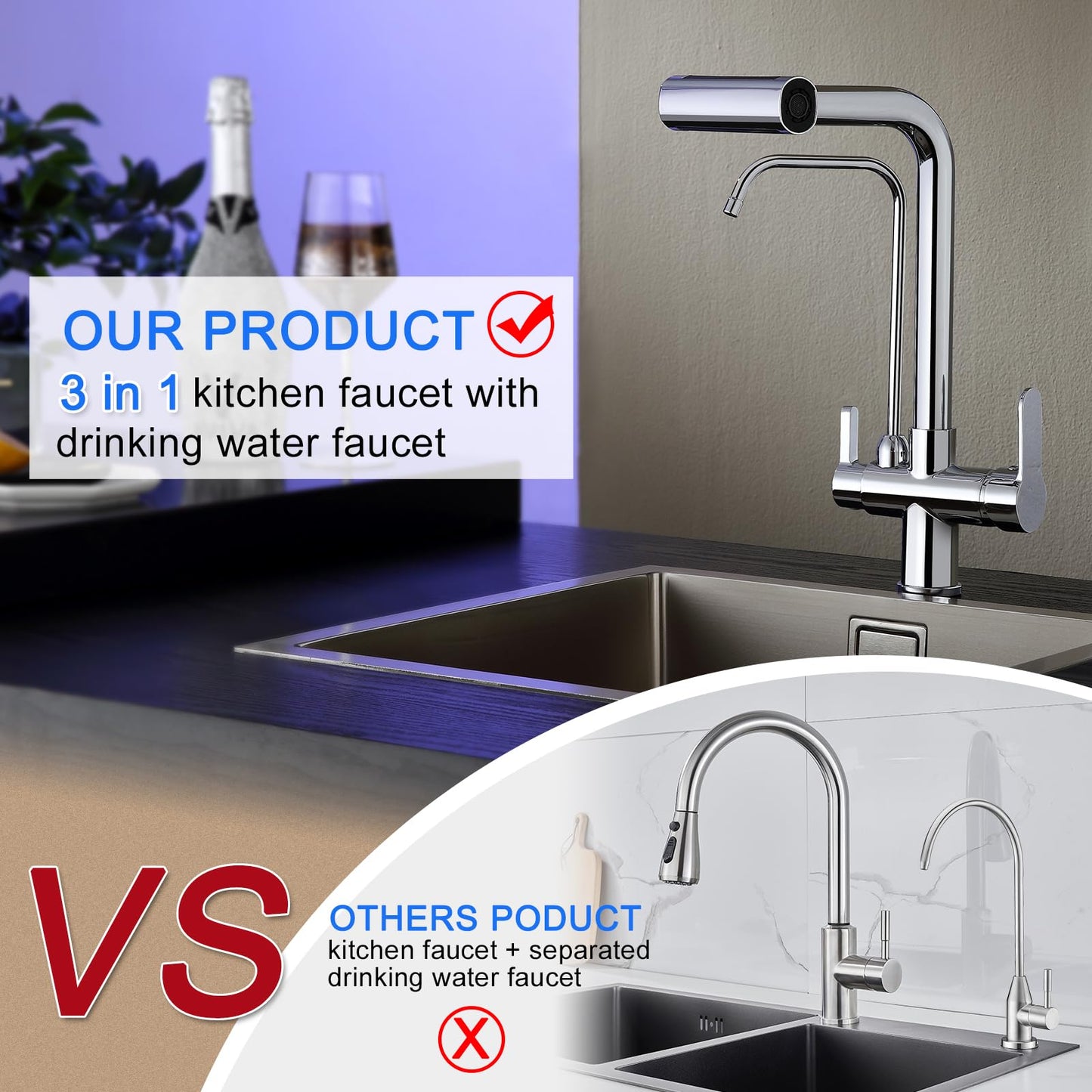 TSIBOMU Dual Handles Kitchen Sink Faucet with Drinking Water Faucet, 3 Way Pull Out Kitchen Faucet with 3-Function Sprayer for Water Filtration System, Chrome