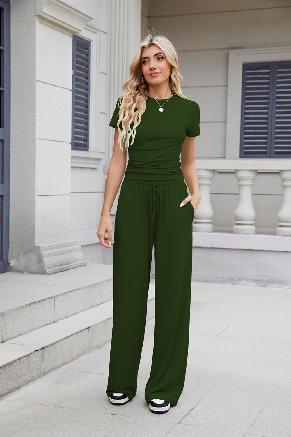 Nimsruc Women's Lounge Set - Summer 2025 Ruched Short Sleeve Top & Wide Leg Pants | Stylish Comfort