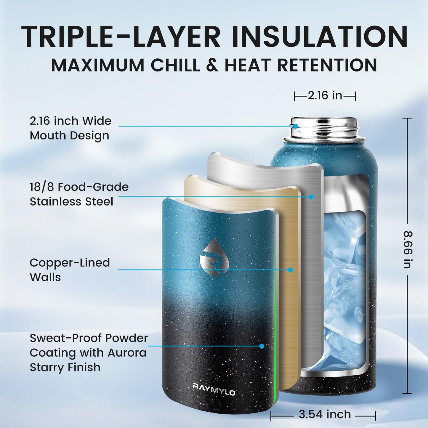 RAYMYLO Insulated Water Bottle 32 oz, Triple Wall Vacuum Stainless Steel (Cold for 24Hrs, Hot for 12Hrs), Leak Proof & Non-BPA, Modern Water Flask Jug with Paracord Handle & Straw Spout Lids