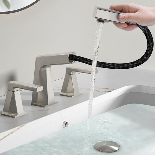 MIAOHUI Brushed Nickel Pull Out Bathroom Faucets 3 Hole, 8 Inch Widespread Bathroom Sink Faucet, Double Handle Vanity Faucet for Bathroom Sink, with Pop-up Drain and Supply Lines