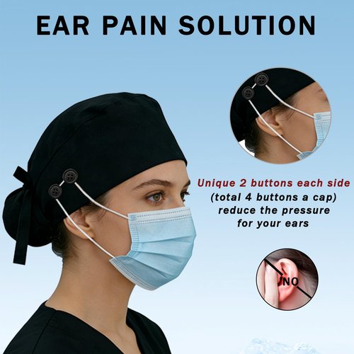 Hapforever 1PC Satin Lined Scrub Cap for Women, Surgical Nurse Caps with 4 Buttons Cotton Working Hat Sweatband Ponytail Scrub Caps for Long Hair Women with 2 Hair Ties (Black)