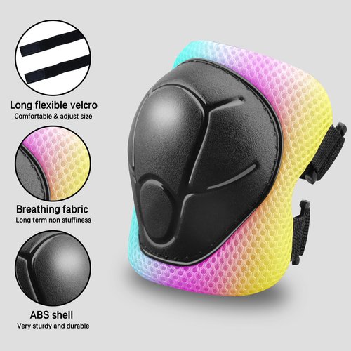 Kids Protective Gear Set Knee Pads for Kids 3-14 Years Toddler Knee and Elbow Pads with Wrist Guards 3 in 1 for Skating Cycling Bike,Biking, Roller Skates, Scooters (Pink Blue Yellow, M(8-14Years))