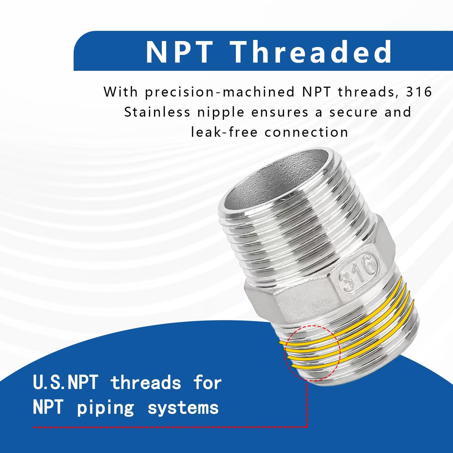 1/2" Male to 1/2" Male Hex Nipple Adapter, 316 Stainless Steel 1/2 Inch NPT Threaded Pipe Fitting, Heavy Duty Coupling for Plumbing Systems, Oil, Gas & Steam (2-Pack)