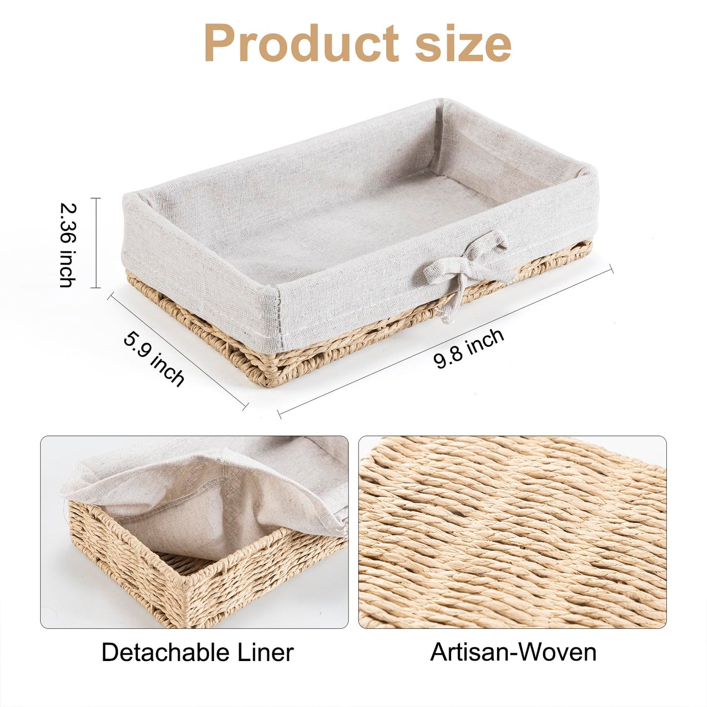 Bathroom Tray Wicker Toilet Paper Basket Toilet Tank Trays for Countertop Storage Behind Bathroom Tray Organizer Toilet Tank Top Basket Suitable for Any Home Décor Style (9.8x5.9x2.36 in, Beige)