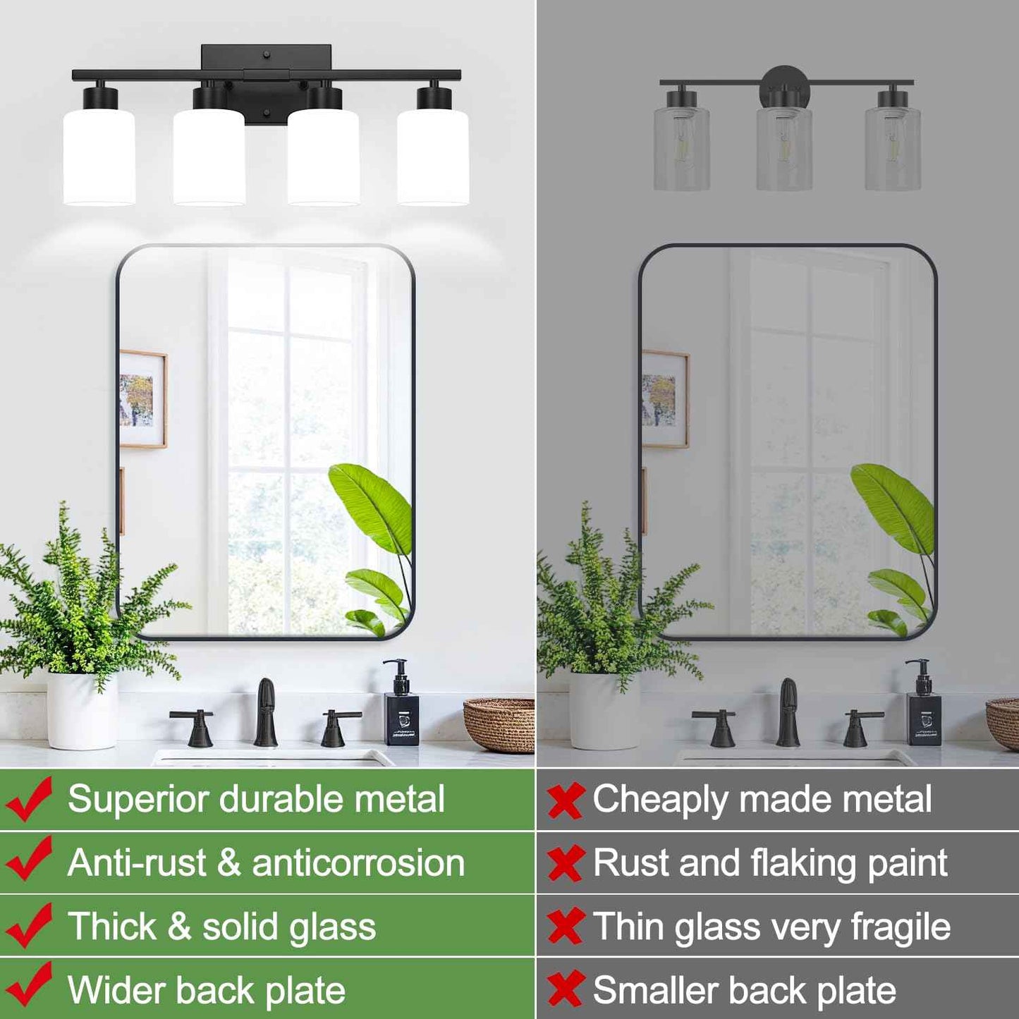 4-Light Bathroom Vanity Light Fixture, Matte Black Finish with Frosted Glass Shades, Modern Bathroom Light Fixtures for Mirror, Living Room, or Bedroom, E26 Socket