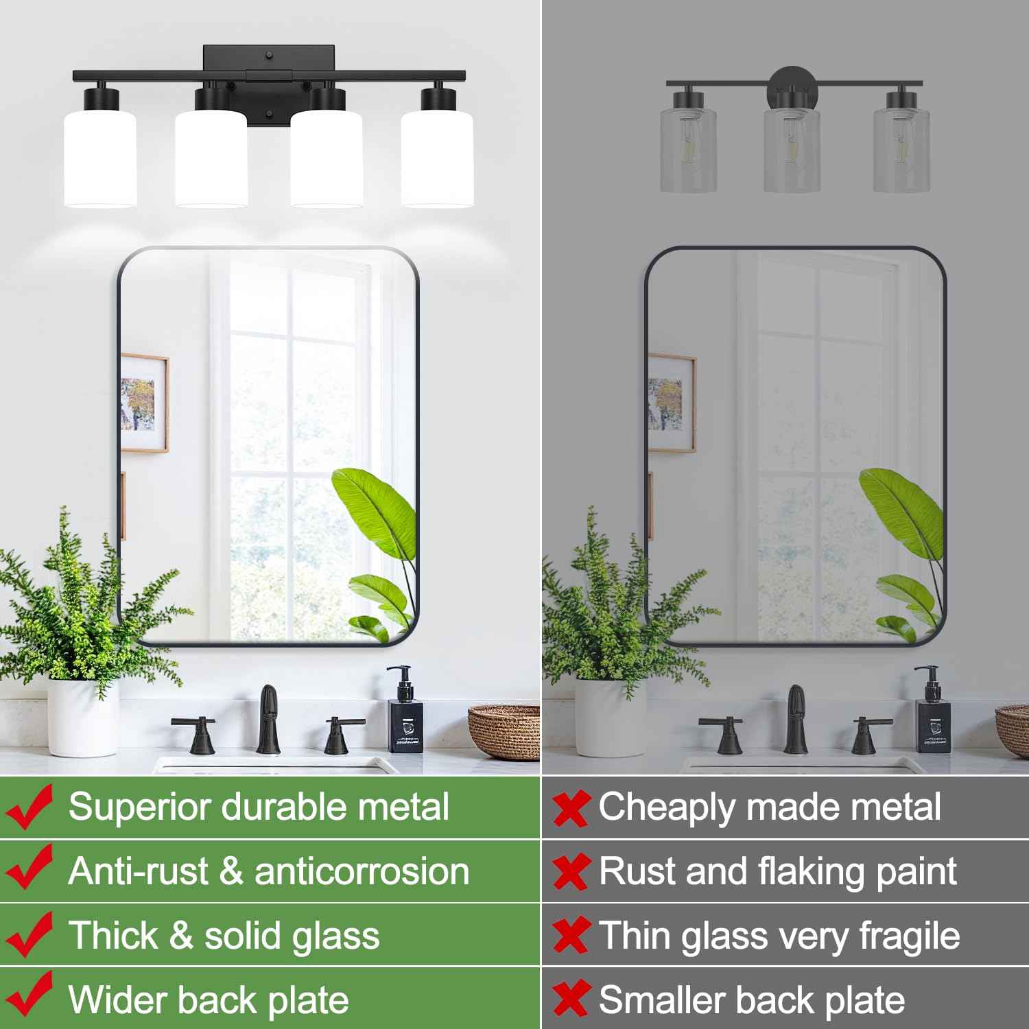 4-Light Bathroom Vanity Light Fixture, Matte Black Finish with Frosted Glass Shades, Modern Bathroom Light Fixtures for Mirror, Living Room, or Bedroom, E26 Socket