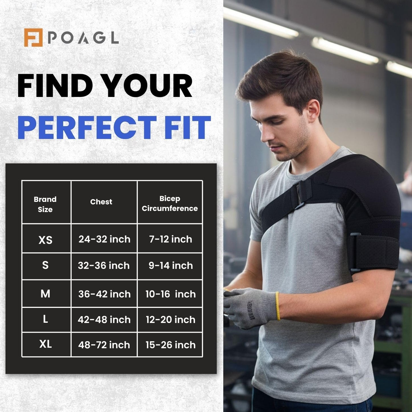 POAGL Adjustable Shoulder Brace for Men - Both Left and Right Arm - Pain Relief for Torn Rotator Cuff, Compression Support Sleeve for Dislocation, Bursitis, Tendonitis (Black, Large)