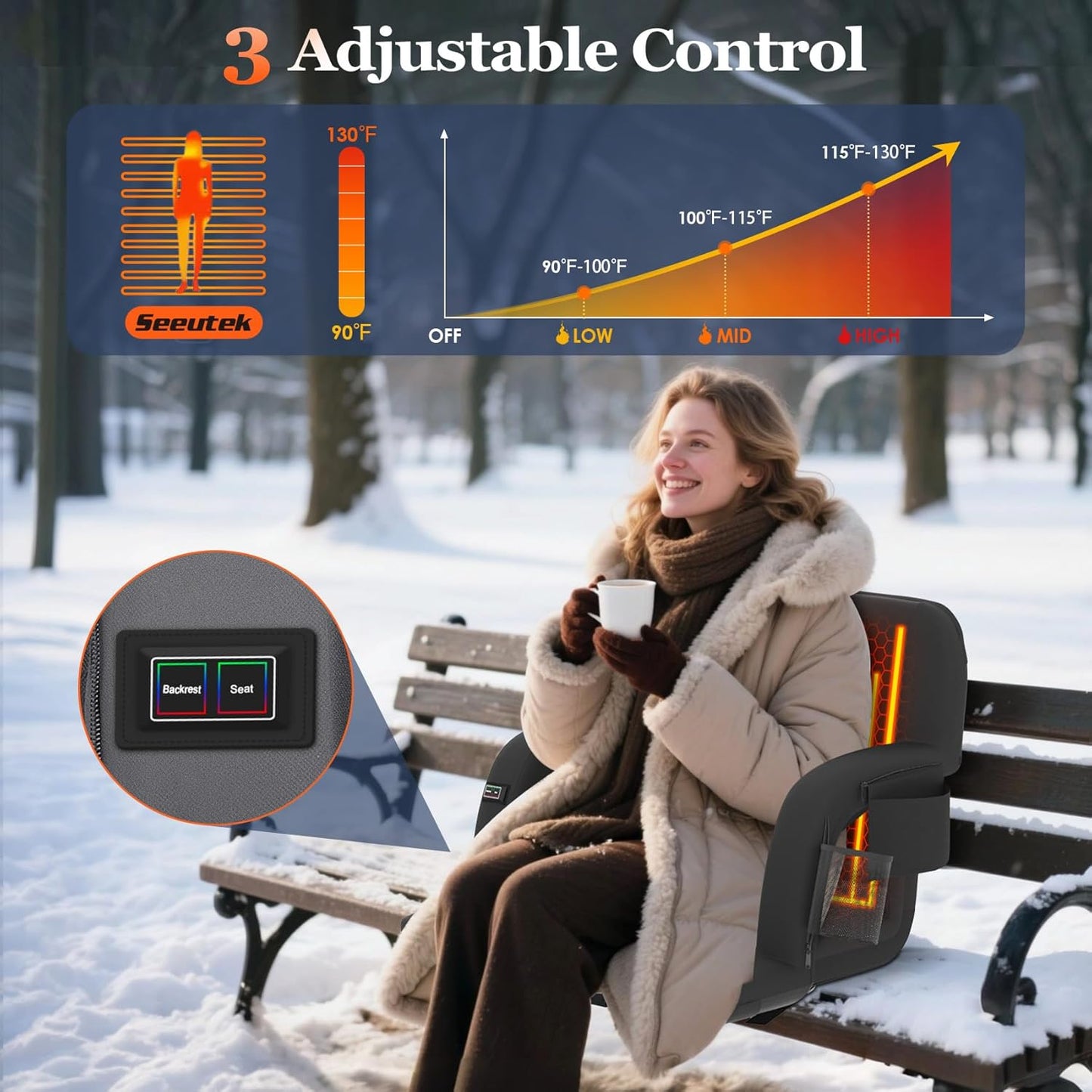 Seeutek Heated Stadium Seats - Comfortable Bleacher Chair with Back Support & 3 Heat Levels | 23-Inch, 5 Pockets