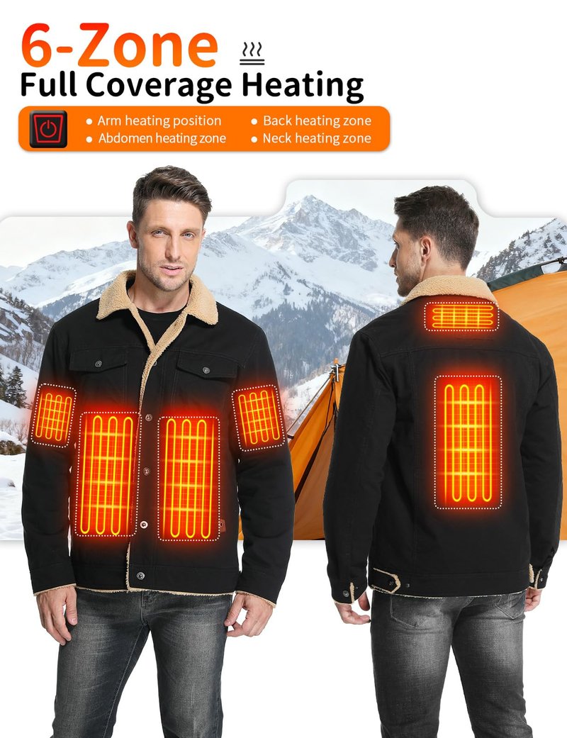 Vokora Mens Heated Jacket Fleece Coat With 16000mAh Battery Pack, Heated Jackets for Men Winter Outdoor, 6 Heating Zones, 3 Heating Levels