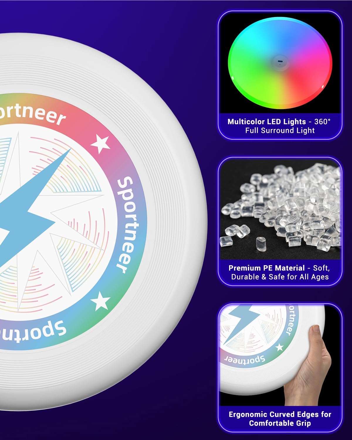 Sportneer LED Flying Disc - Light Up Frisbee with 3 Color Modes | USB-C Rechargeable for Night Games