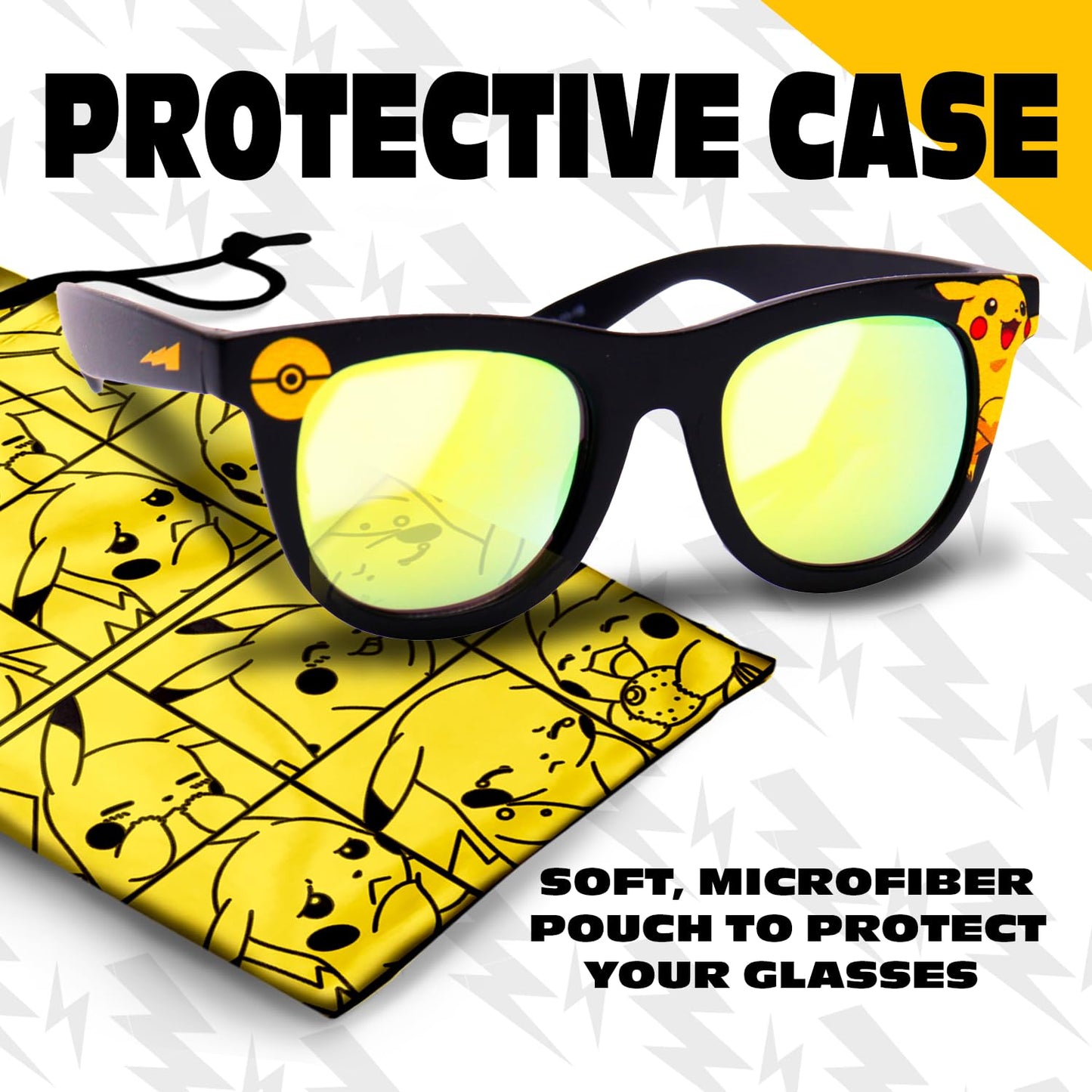 ARKAID Pokémon Pikachu Black Frame Sunglasses - Stylish, Comfortable & Durable UV-Protection Pokémon Black Sunglasses with Soft Carrying Case - Officially Licensed